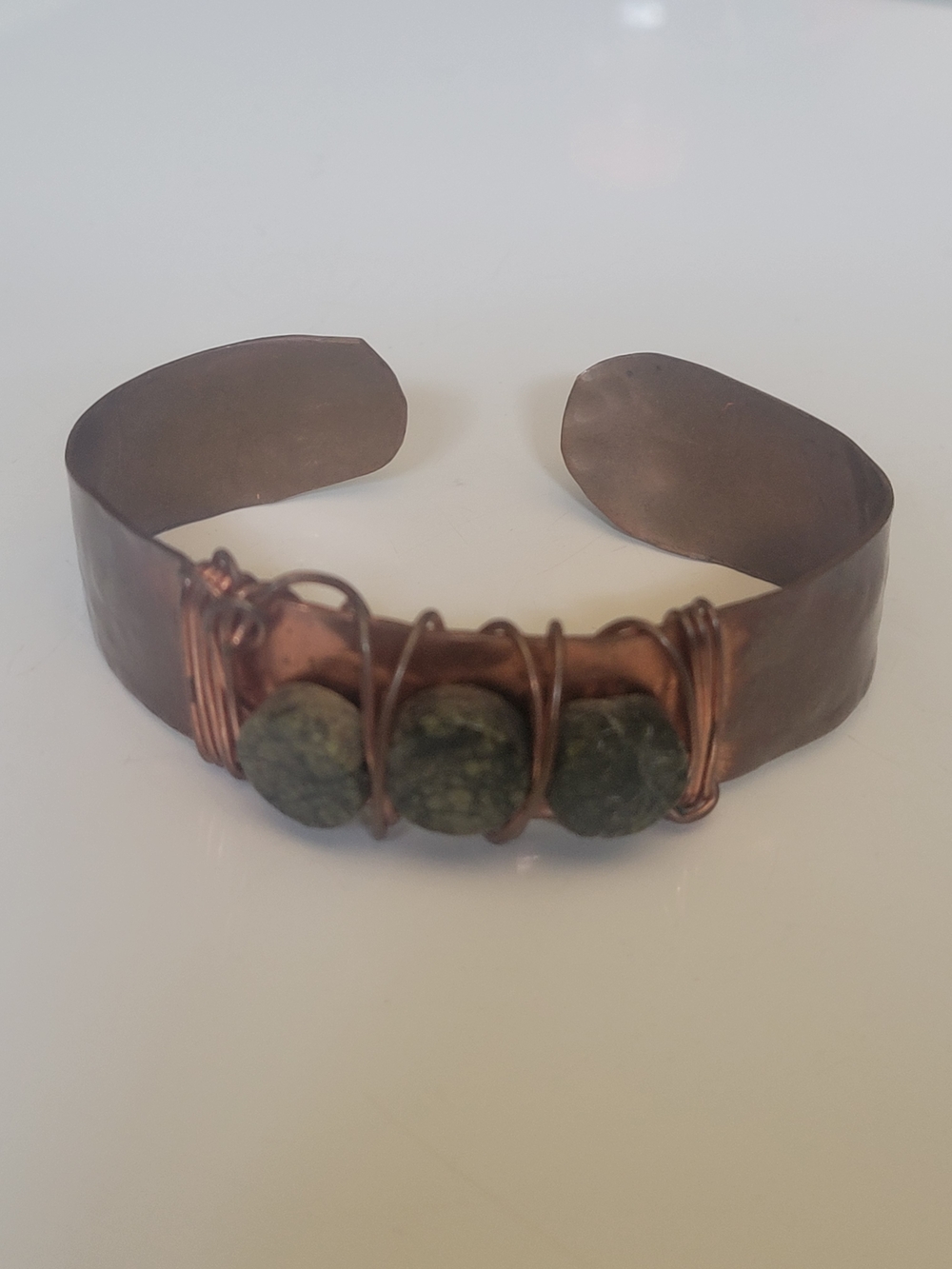 Vintage Handcrafted Copper Cuff Bracelet with Jade Stones - Picture 1 of 4